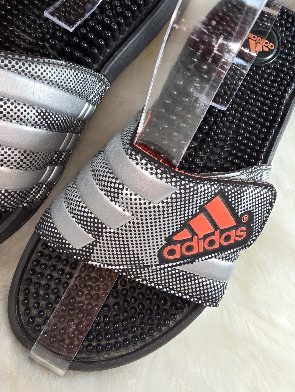 Adidas Mens Adissage Slides Black & Silver Slide Sandals with Orange Logo Accent